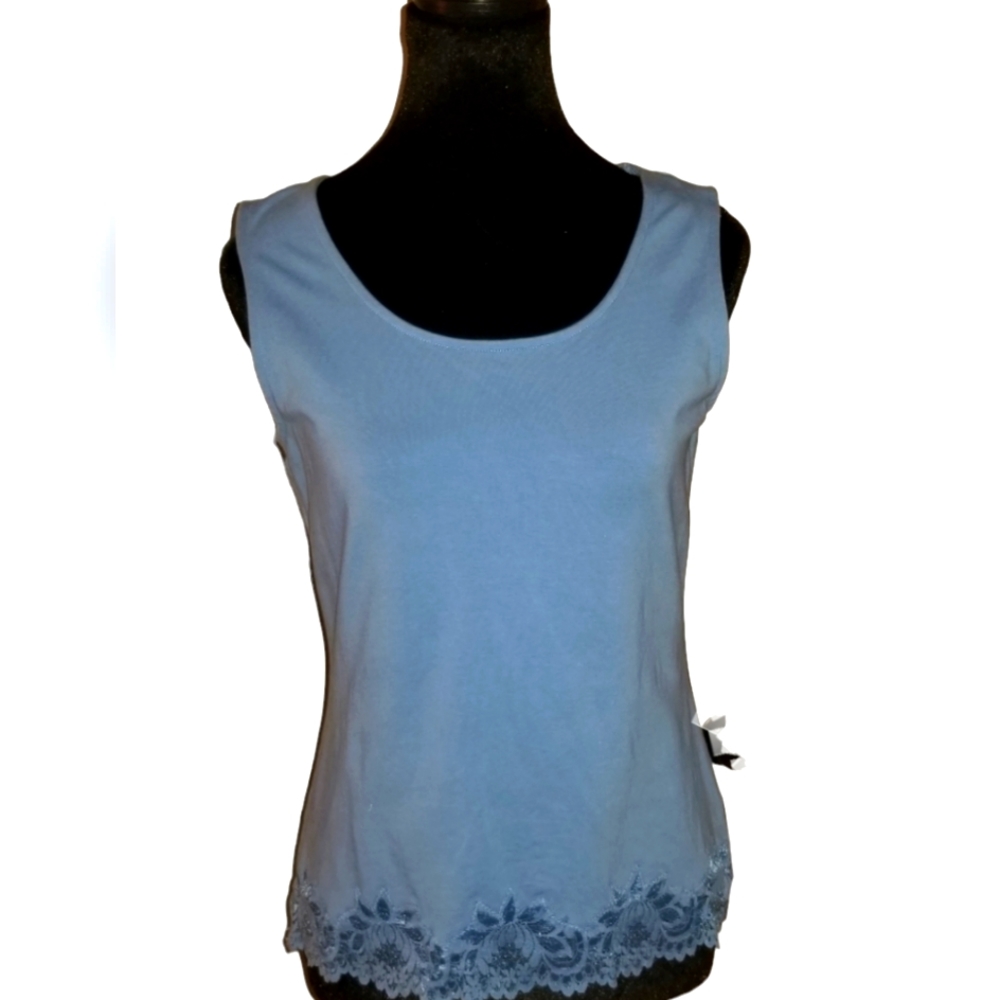 Coldwater Creek blue shell-tank  top with lace hemline.